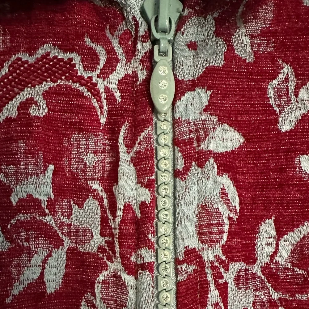 Vintage Color Me Cotton Burgundy Floral Jacket size Large Rhinestone Zipper - Picture 2 of 5